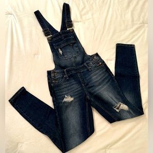 Form Fitting Dark Denim Distressed Overalls
